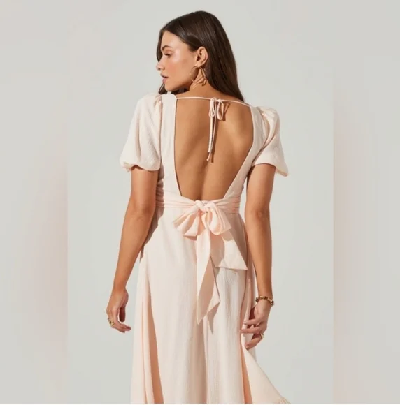 knee length dresses for ladies Cream Puff Sleeve Back Tie Dress S